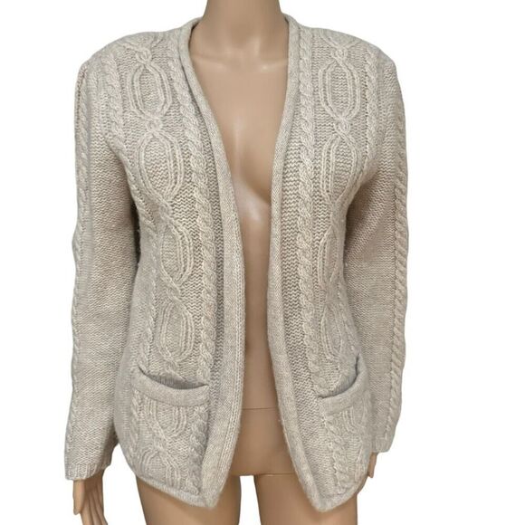 Intuitions vintage 100% wool cable knit open front cardigan shoulder pads sz L - Picture 1 of 7